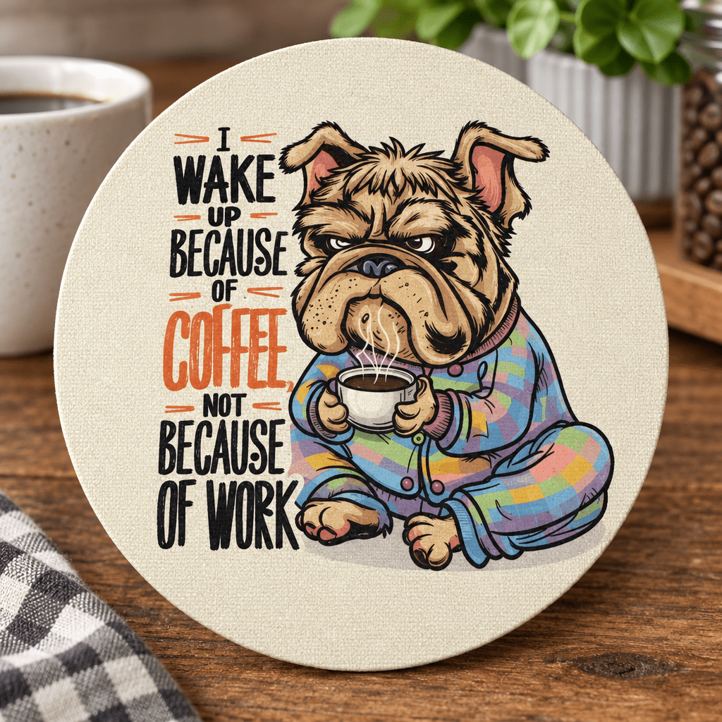 I Wake Up Because of Coffee 6-Inch Round Sign | Bulldog Decor - The Bargains BasementI Wake Up Because of Coffee 6-Inch Round Sign | Bulldog Decor