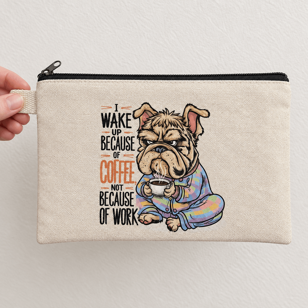 I Wake Up Because of Coffee Bulldog Canvas Zipper Pouch - The Bargains BasementI Wake Up Because of Coffee Bulldog Canvas Zipper Pouch