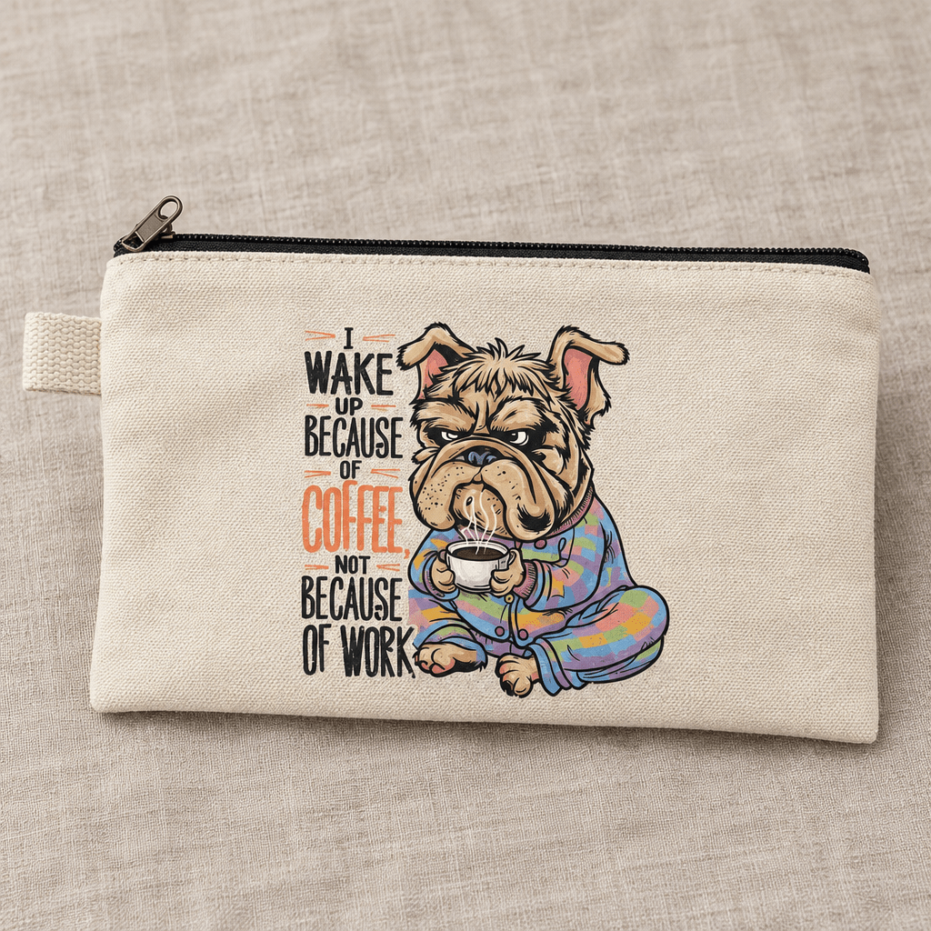 I Wake Up Because of Coffee Bulldog Canvas Zipper Pouch - The Bargains BasementI Wake Up Because of Coffee Bulldog Canvas Zipper Pouch