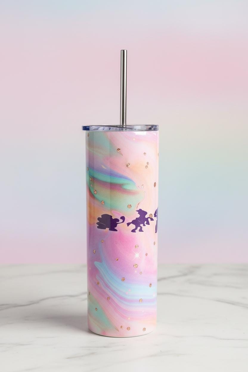 Stainless Steel Tumbler with Stainless Straw – Pastel Fantasy Silhouette Design The Bargains Basement