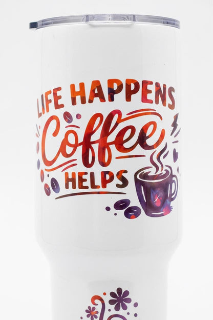 40oz “Life Happens Coffee Helps” Travel Tumbler – Handmade & Vibrant Desig The Bargains Basement