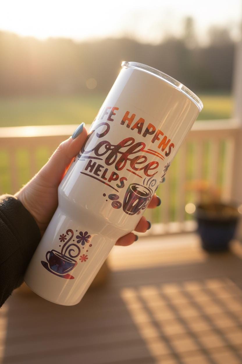 40oz “Life Happens Coffee Helps” Travel Tumbler – Handmade & Vibrant Desig The Bargains Basement