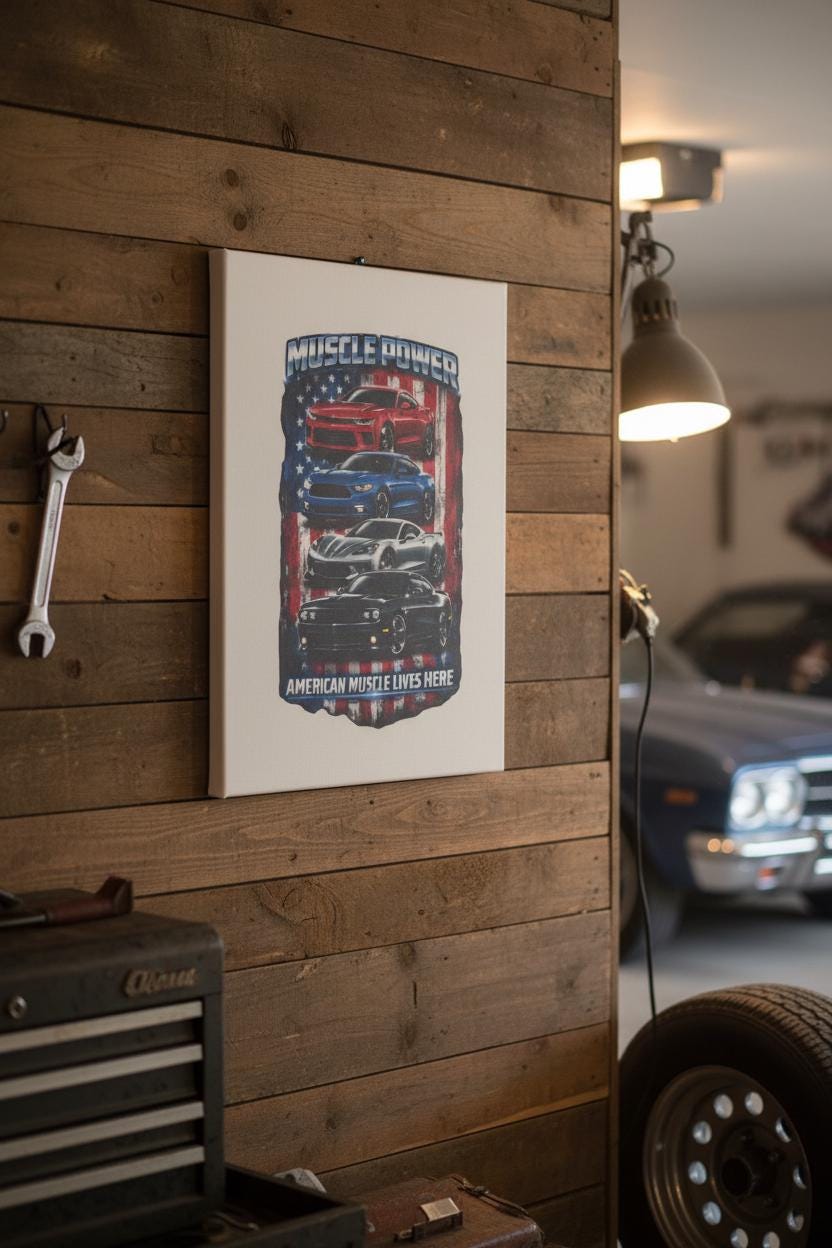 MUSCLE POWER – 8×10 American Muscle Car Canvas | Garage Wall Art | Automotive Decor The Bargains Basement