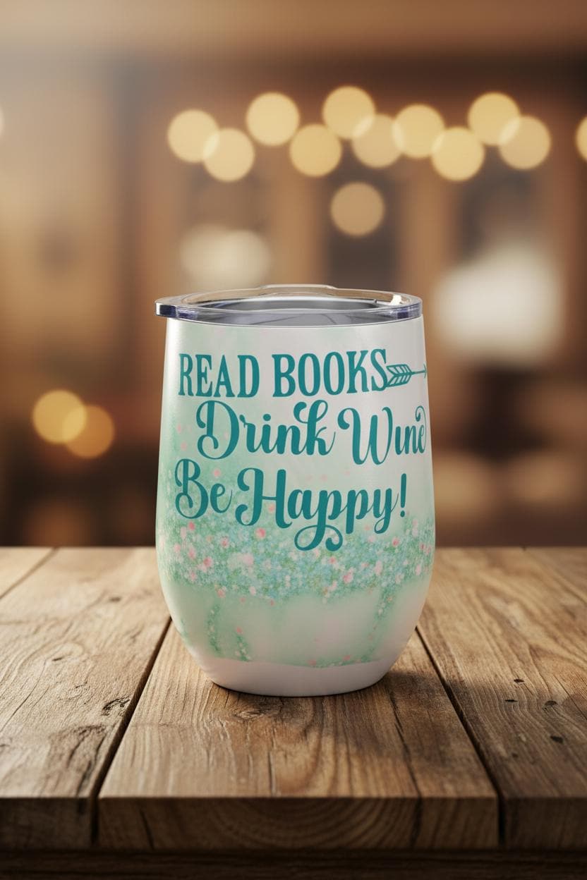 12oz Insulated Wine Tumbler • Read Books Drink Wine Be Happy Design The Bargains Basement