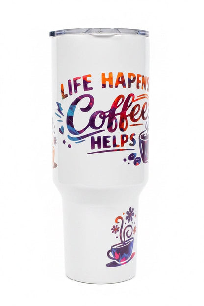 40oz “Life Happens Coffee Helps” Travel Tumbler – Handmade & Vibrant Desig The Bargains Basement