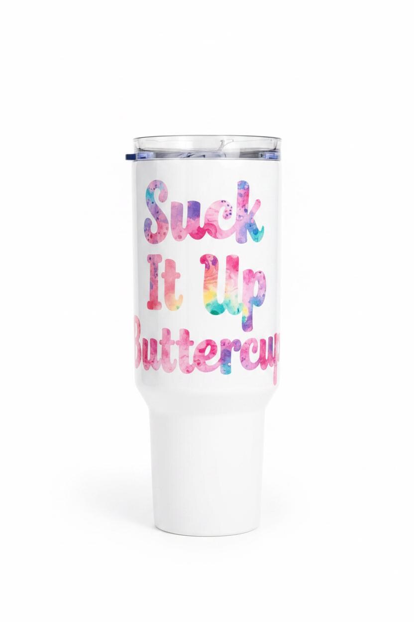 40oz “Suck It Up Buttercup” Tumbler – Colorful Watercolor Design | Motivational Travel Cup The Bargains Basement