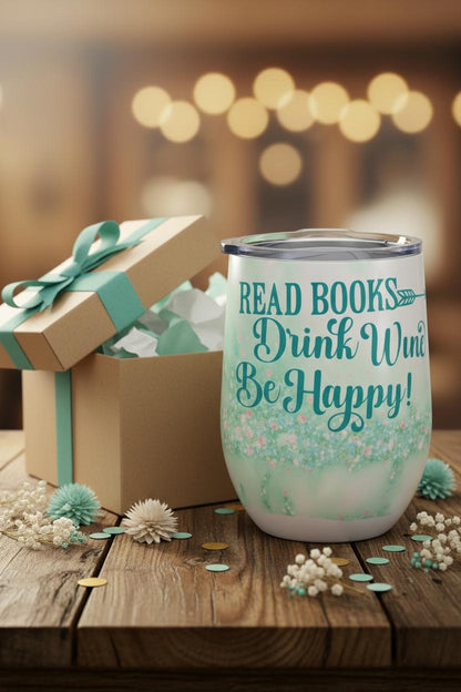 12oz Insulated Wine Tumbler • Read Books Drink Wine Be Happy Design The Bargains Basement