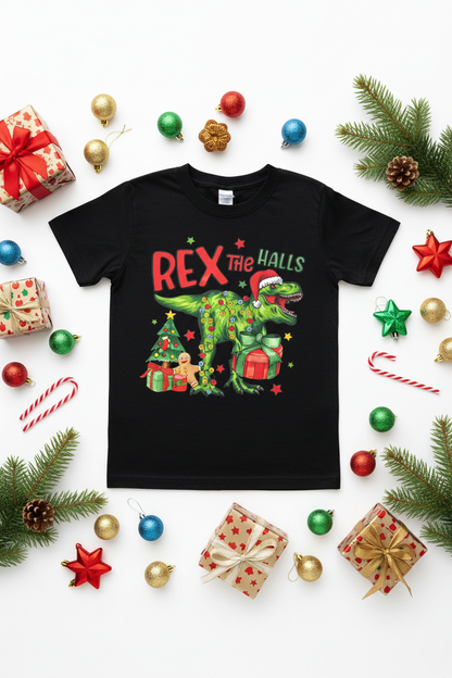 Rex the Halls Youth Christmas T-Shirt | Handmade Kids Holiday Tee The Bargains Basement