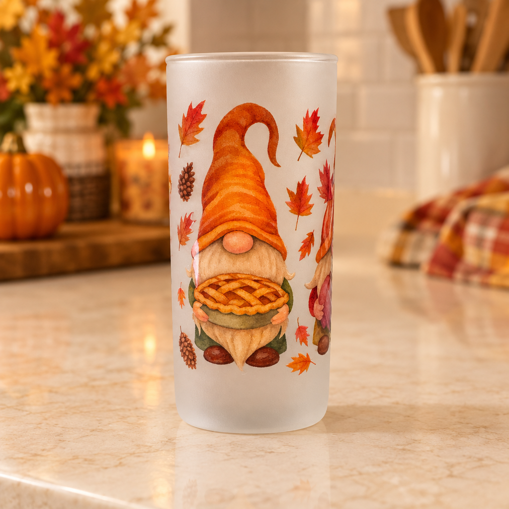 Autumn Gnome & Pie Frosted Glass Tumbler The Bargains Basement