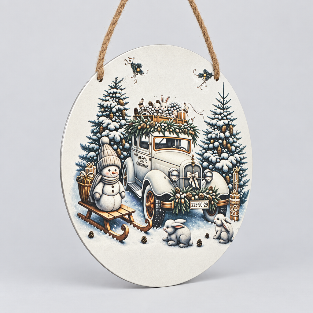 Vintage Christmas Car & Snowman Round Metal Sign – Handmade 10 Inch The Bargains Basement