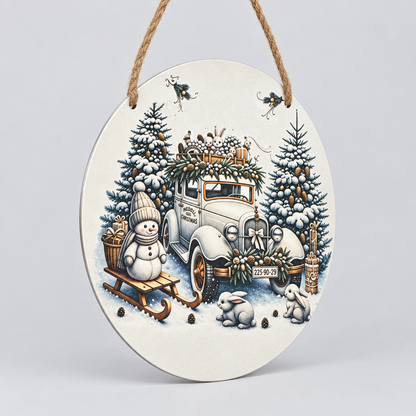 Vintage Christmas Car & Snowman Round Metal Sign – Handmade 10 Inch The Bargains Basement
