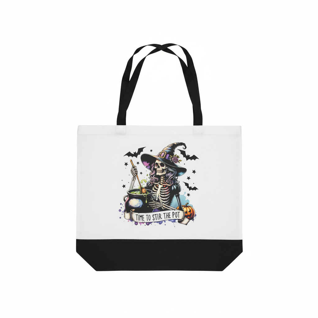 Time to Stir the Pot | Skeleton Witch Canvas Tote Bag | Handmade Halloween Gift The Bargains Basement