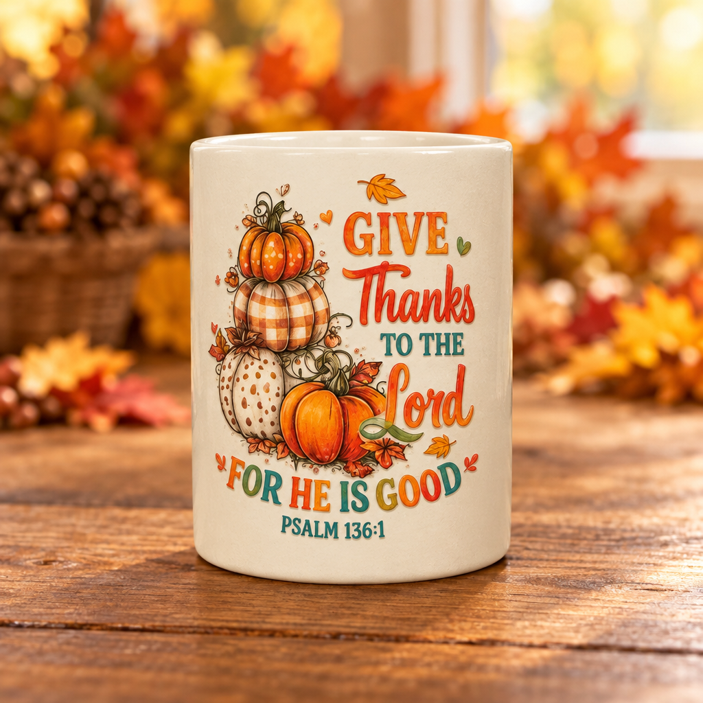 Give Thanks to the Lord Ceramic Mug with Bamboo Lid & Gold Spoon The Bargains Basement