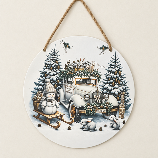 Vintage Christmas Car & Snowman Round Metal Sign – Handmade 10 Inch The Bargains Basement