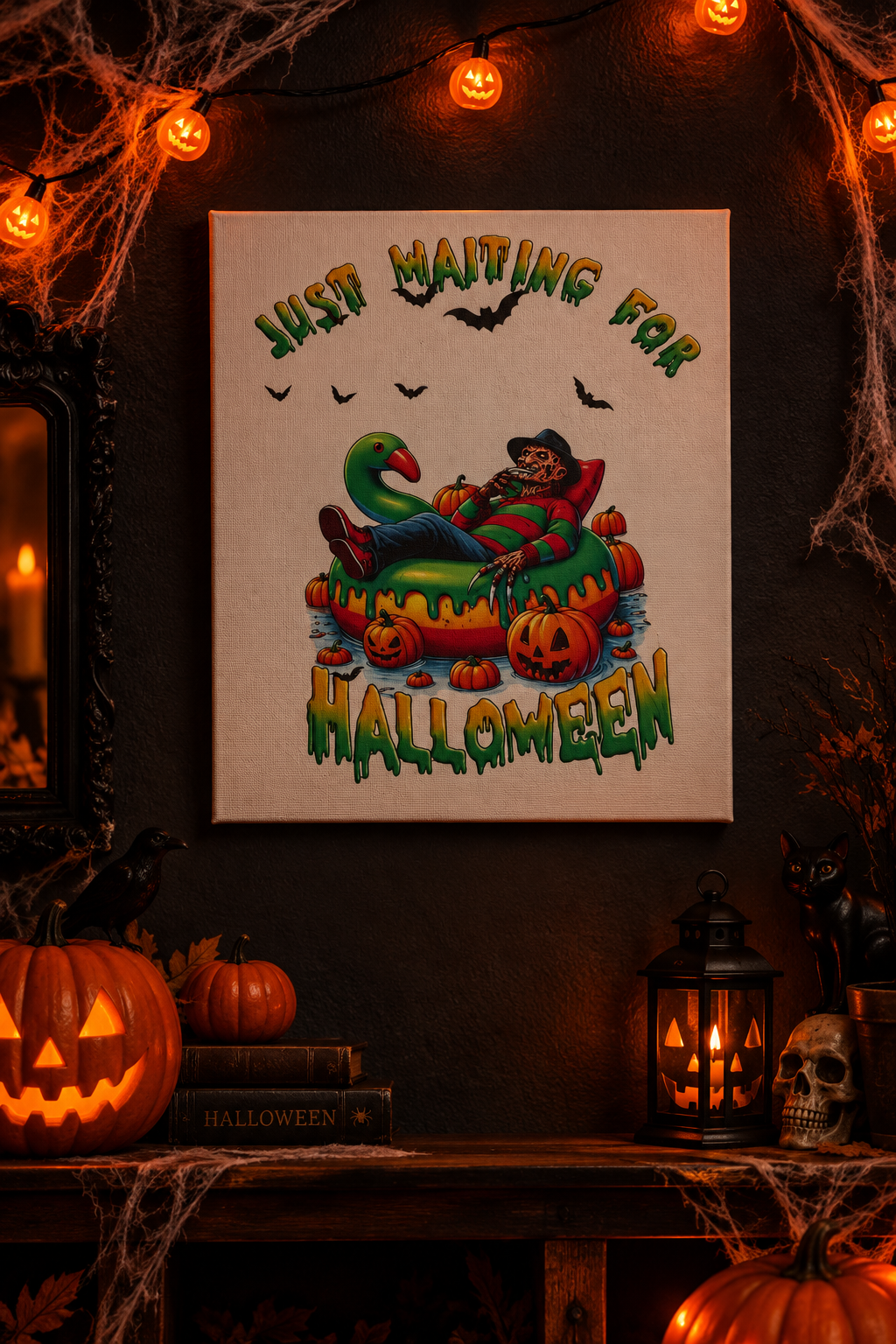 Just Waiting for Halloween | 11x9 Canvas Sign – Funny Horror Halloween Decor The Bargains Basement