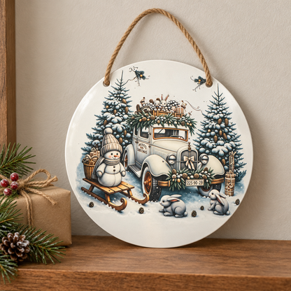 Vintage Christmas Car & Snowman Round Metal Sign – Handmade 10 Inch The Bargains Basement