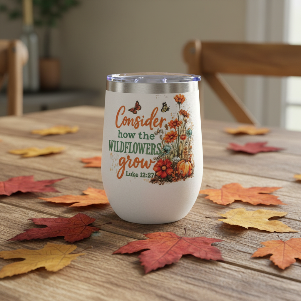Consider how the Wildflowers Grow – Luke 12:27 Stemless Wine Tumbler – Handmade The Bargains Basement