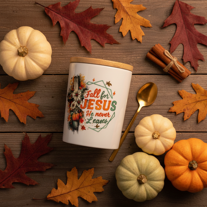Fall for Jesus He Never Leaves Ceramic Mug Set with Bamboo Lid & Gold Spoon The Bargains Basement