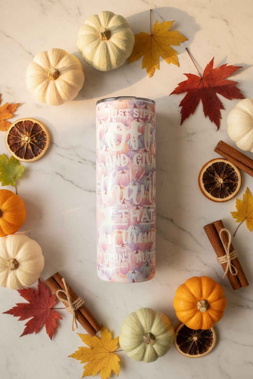Just Sippin Coffee and Giving Thanks Pastel Pumpkin Skinny Tumbler | Handmade Fall Drinkware The Bargains Basement