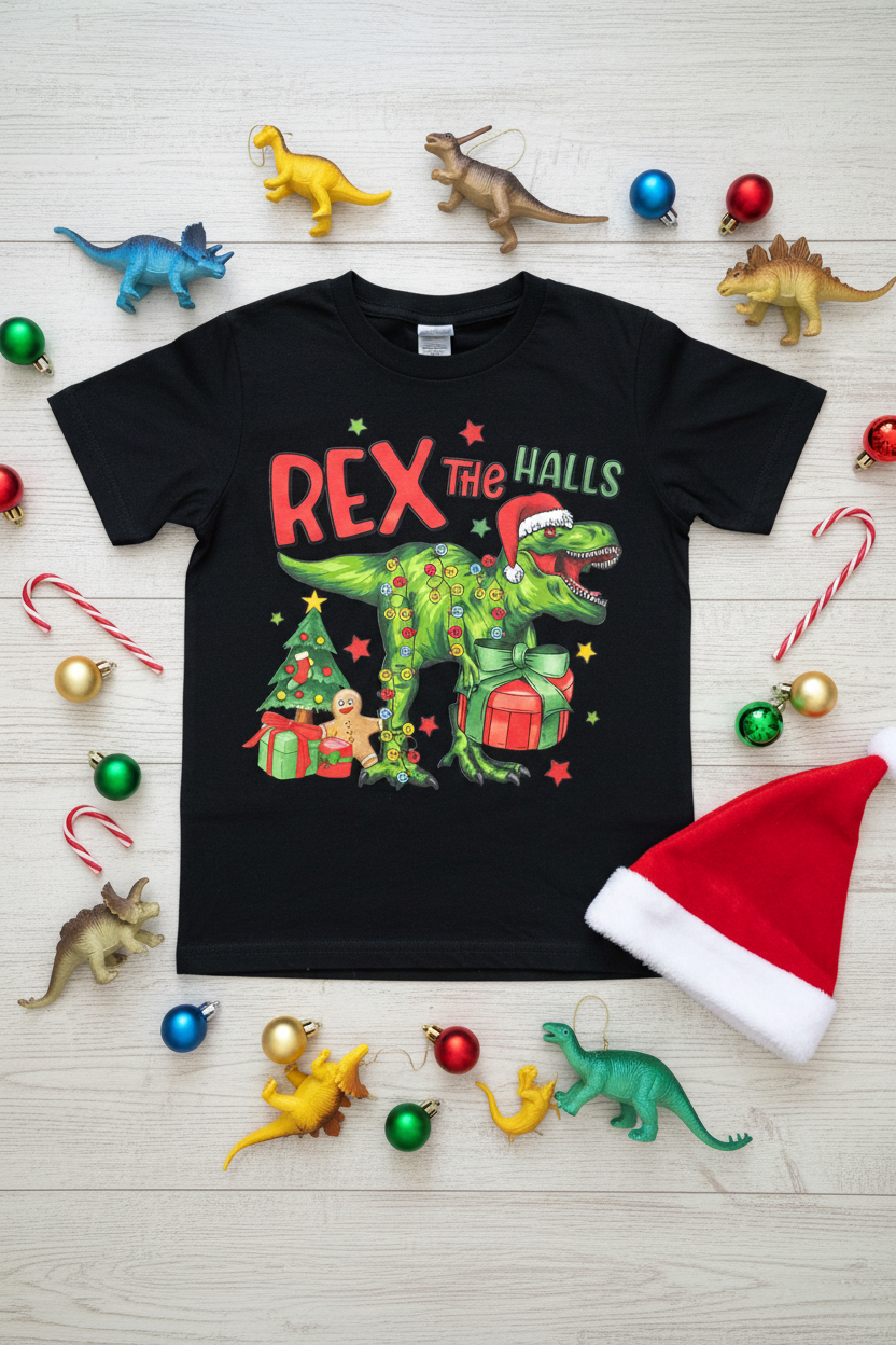 Rex the Halls Youth Christmas T-Shirt | Handmade Kids Holiday Tee The Bargains Basement