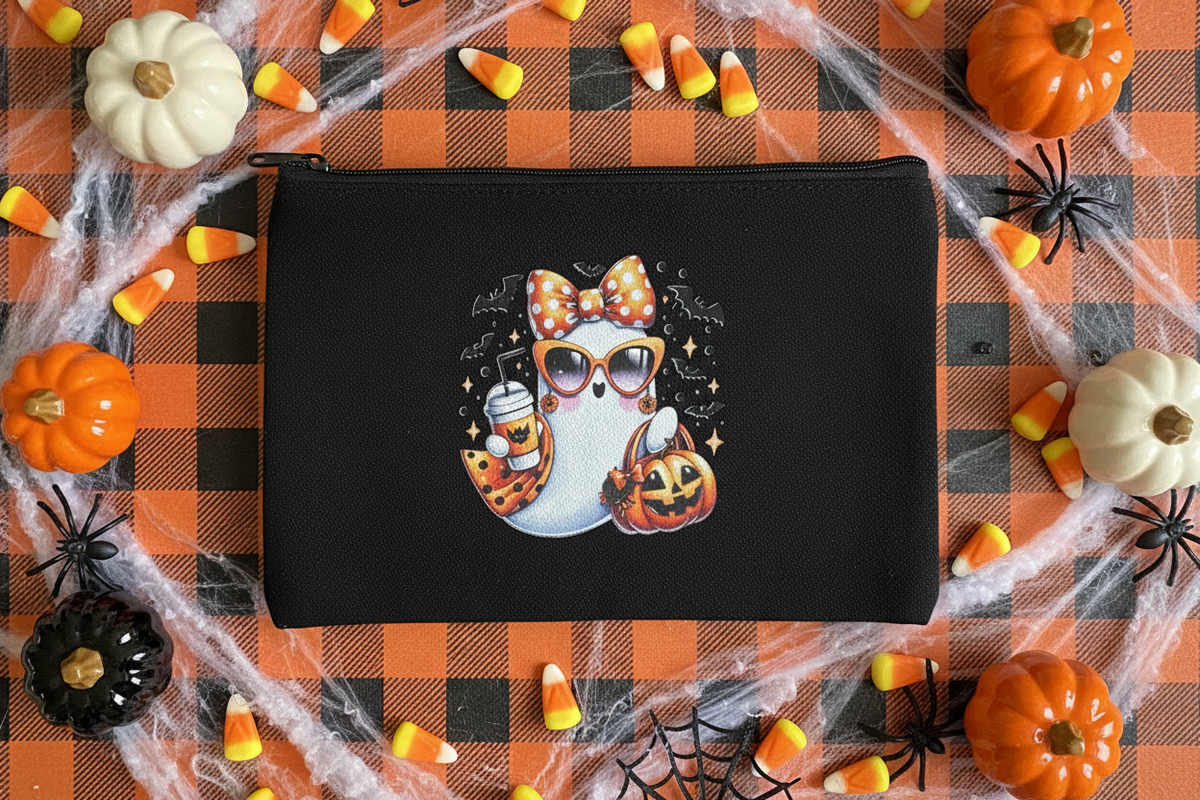 Glam Ghost Halloween Canvas Zipper Pouch | Handmade 8x5 The Bargains Basement