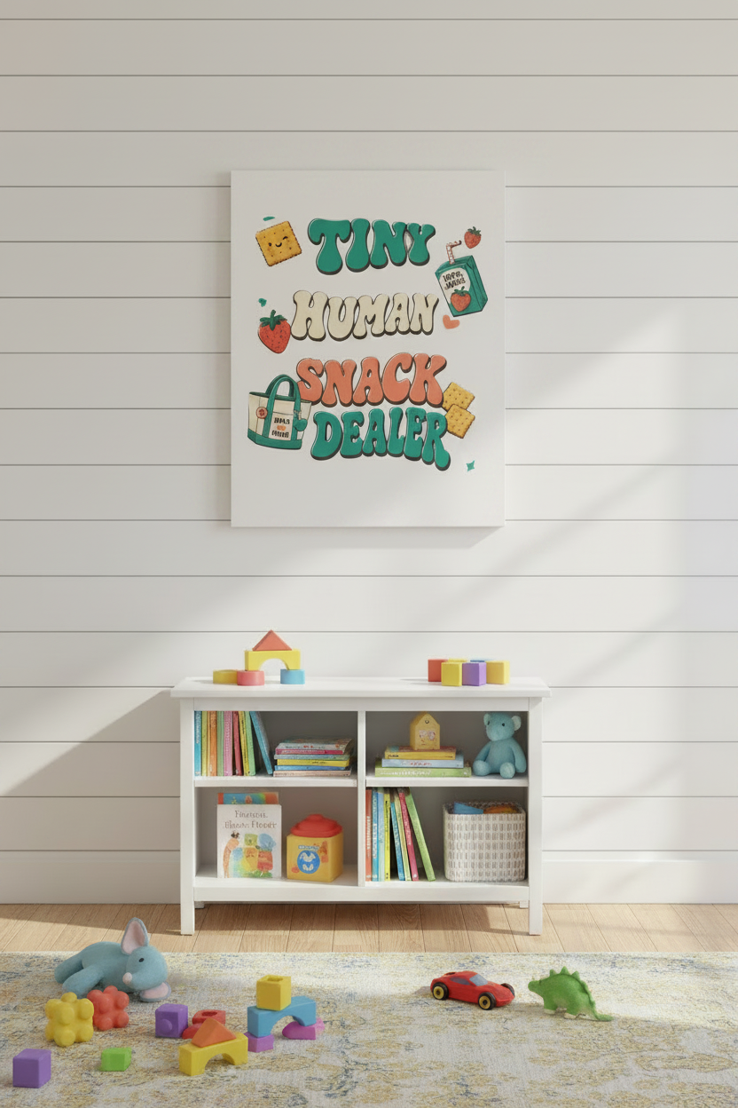 Tiny Human Snack Dealer sign displayed on a modern wall in a playful nursery setting.