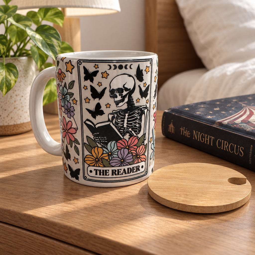 The Reader Skeleton Floral Ceramic Mug with Bamboo Lid and Spoon The Bargains Basement