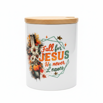 Fall for Jesus He Never Leaves Ceramic Mug Set with Bamboo Lid & Gold Spoon The Bargains Basement