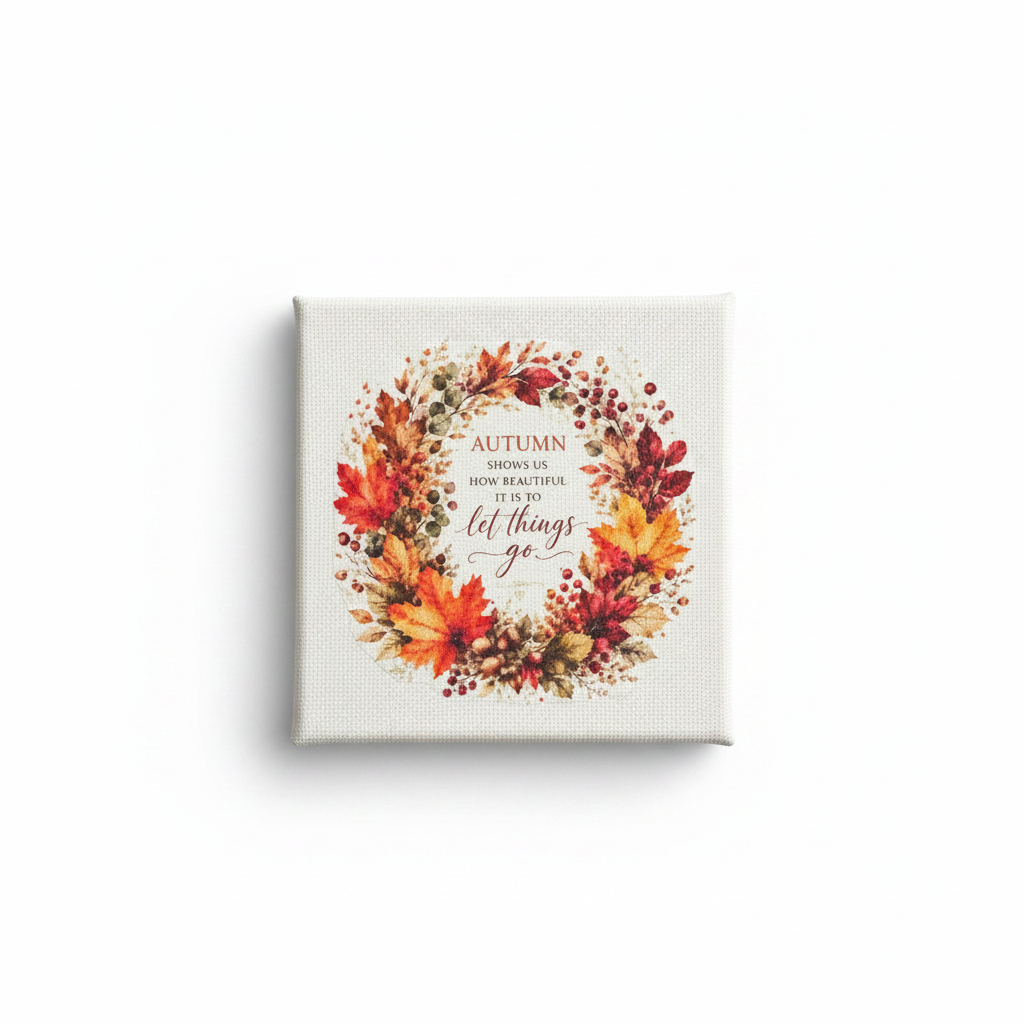 Autumn Wreath 4x4 Canvas Sign — "Let Things Go" Fall-Handmade The Bargains Basement