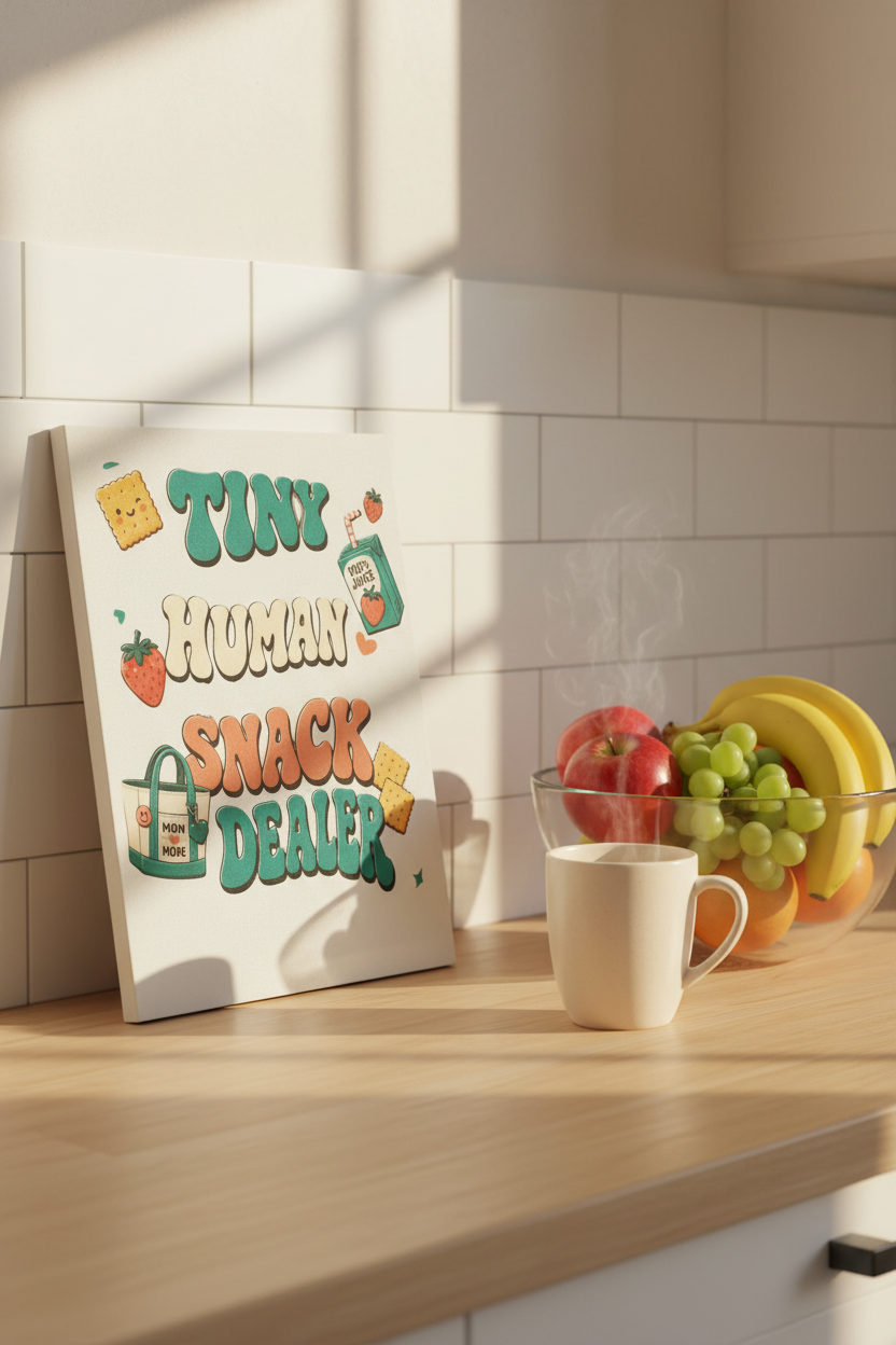 Tiny Human Snack Dealer 8x10 sign displayed in a kitchen with fruit and a cup, perfect for snack-loving moms.