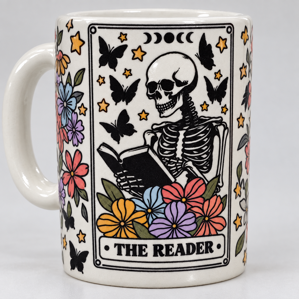 The Reader Skeleton Floral Ceramic Mug with Bamboo Lid and Spoon The Bargains Basement