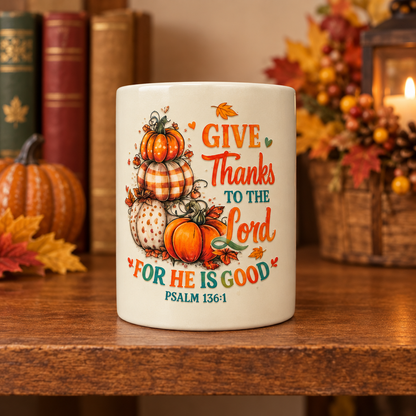 Give Thanks to the Lord Ceramic Mug with Bamboo Lid & Gold Spoon The Bargains Basement