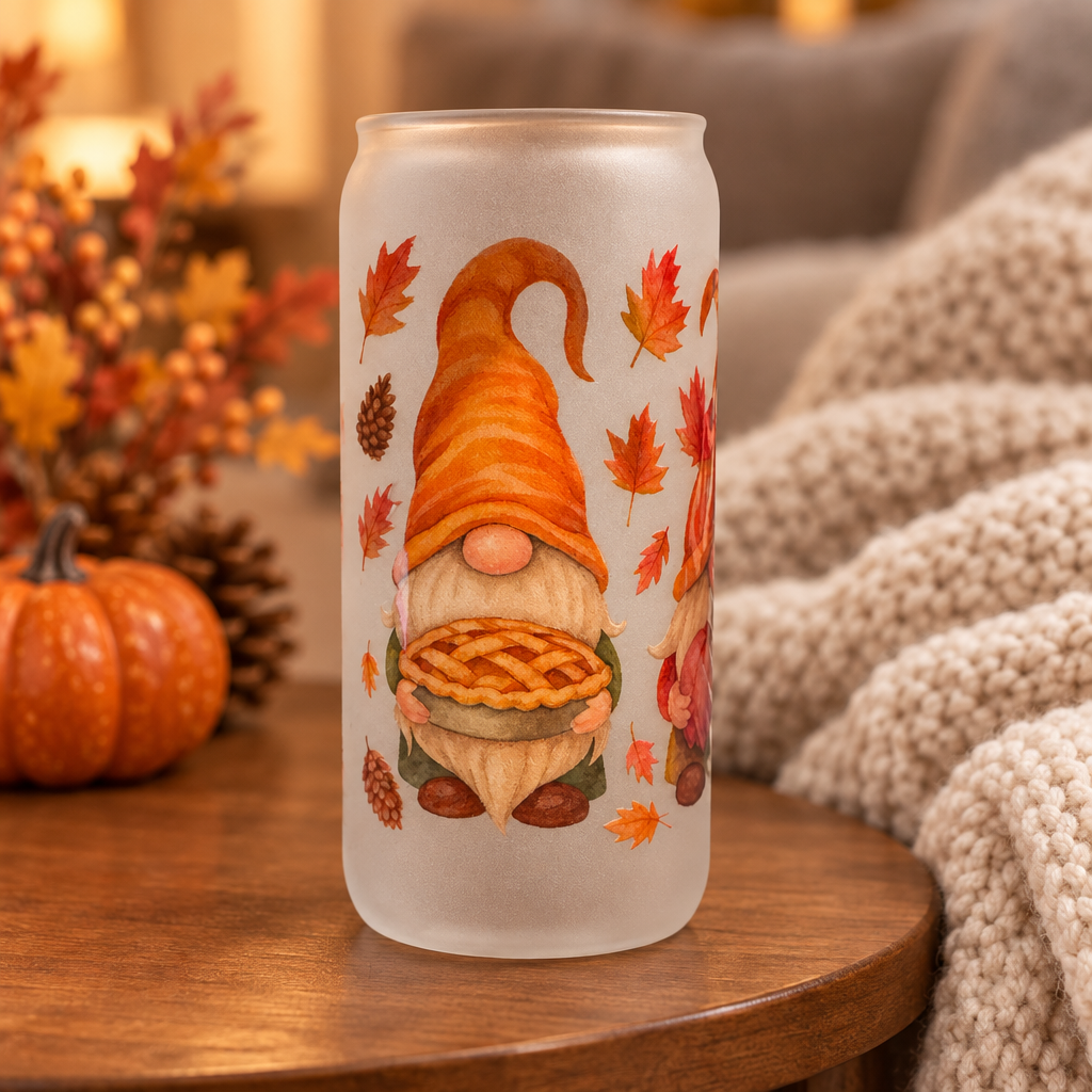 Autumn Gnome & Pie Frosted Glass Tumbler The Bargains Basement