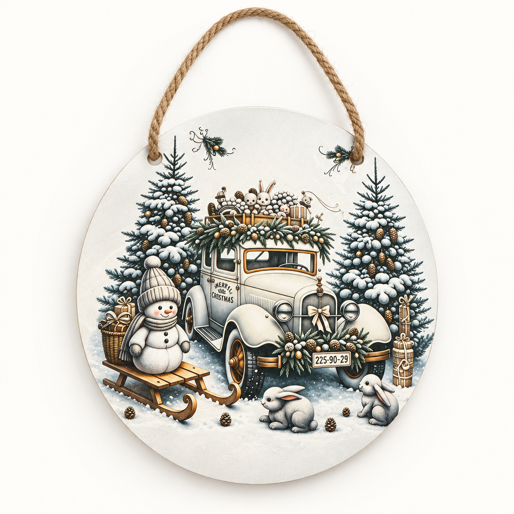 Vintage Christmas Car & Snowman Round Metal Sign – Handmade 10 Inch The Bargains Basement