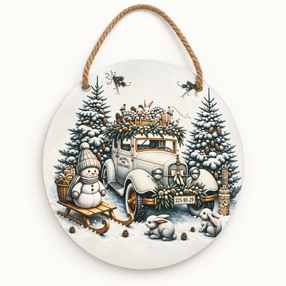 Vintage Christmas Car & Snowman Round Metal Sign – Handmade 10 Inch The Bargains Basement
