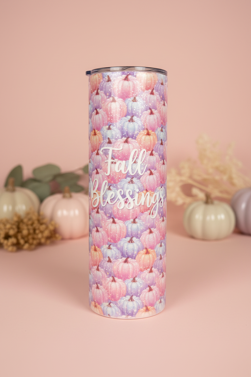 Just Sippin Coffee and Giving Thanks Pastel Pumpkin Skinny Tumbler | Handmade Fall Drinkware The Bargains Basement