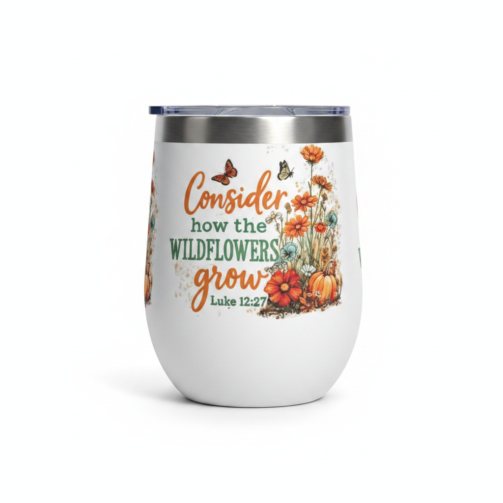 Consider how the Wildflowers Grow – Luke 12:27 Stemless Wine Tumbler – Handmade The Bargains Basement