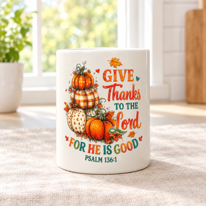 Give Thanks to the Lord Ceramic Mug with Bamboo Lid & Gold Spoon The Bargains Basement