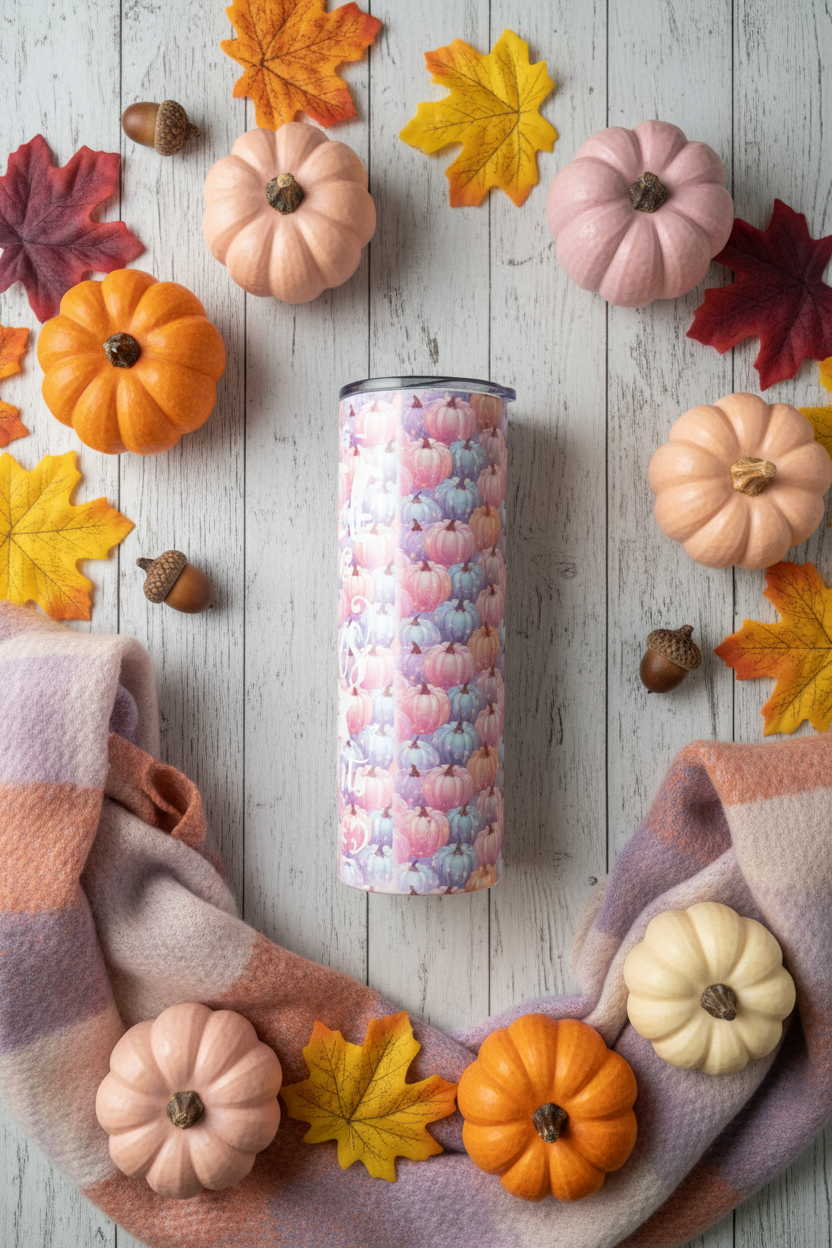 Just Sippin Coffee and Giving Thanks Pastel Pumpkin Skinny Tumbler | Handmade Fall Drinkware The Bargains Basement