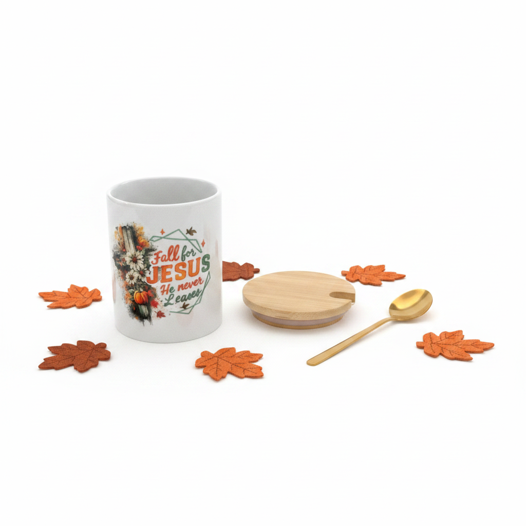 Fall for Jesus He Never Leaves Ceramic Mug Set with Bamboo Lid & Gold Spoon The Bargains Basement