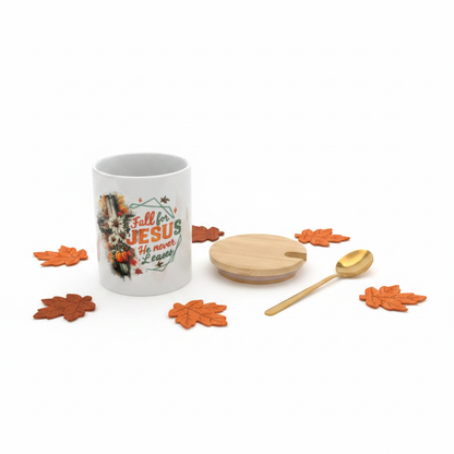 Fall for Jesus He Never Leaves Ceramic Mug Set with Bamboo Lid & Gold Spoon The Bargains Basement