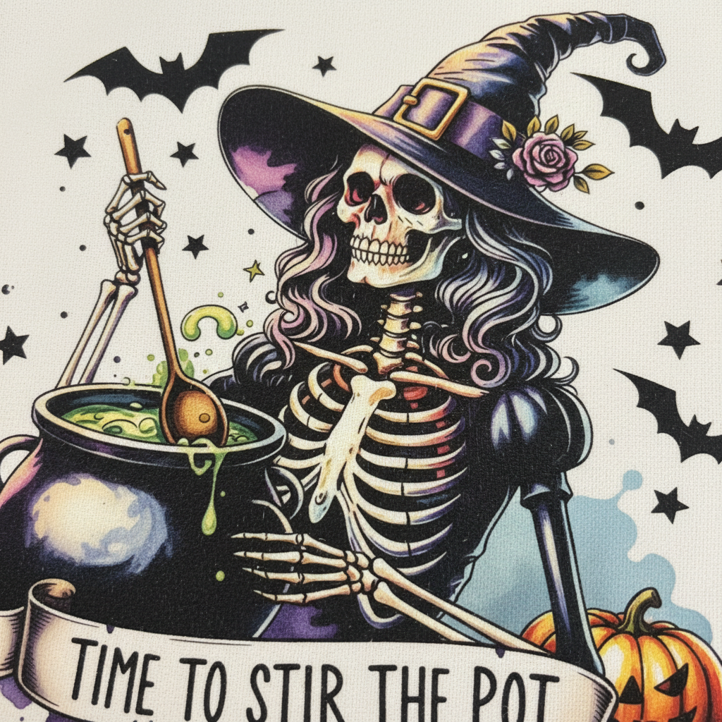 Time to Stir the Pot | Skeleton Witch Canvas Tote Bag | Handmade Halloween Gift The Bargains Basement