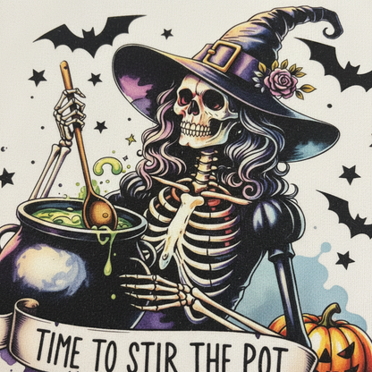 Time to Stir the Pot | Skeleton Witch Canvas Tote Bag | Handmade Halloween Gift The Bargains Basement