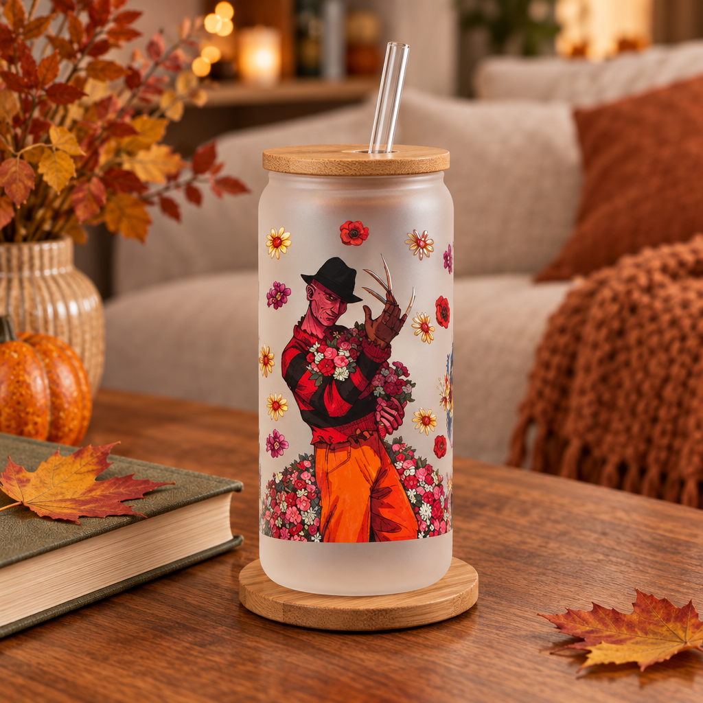 Floral Horror Villains Frosted Glass Tumbler with Bamboo Lid and Straw The Bargains Basement