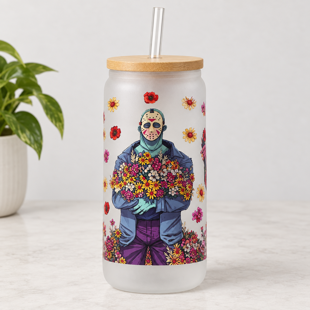 Floral Horror Villains Frosted Glass Tumbler with Bamboo Lid and Straw The Bargains Basement