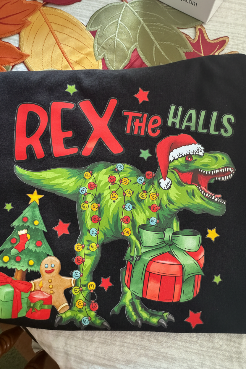 Rex the Halls Youth Christmas T-Shirt | Handmade Kids Holiday Tee The Bargains Basement
