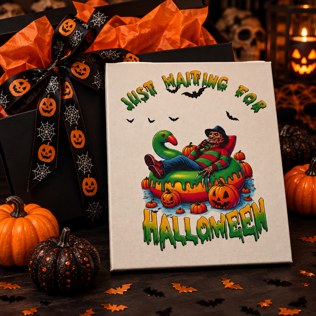 Just Waiting for Halloween | 11x9 Canvas Sign – Funny Horror Halloween Decor The Bargains Basement