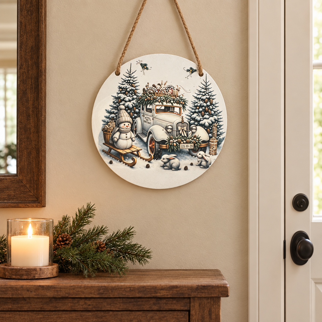 Vintage Christmas Car & Snowman Round Metal Sign – Handmade 10 Inch The Bargains Basement