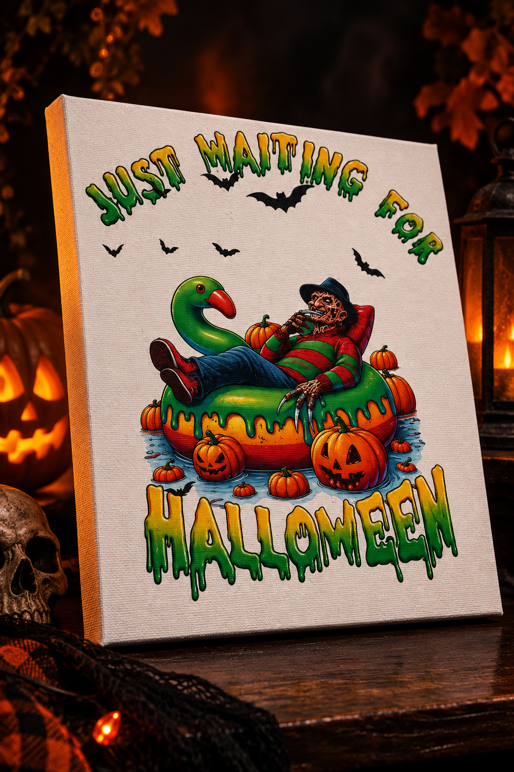 Just Waiting for Halloween | 11x9 Canvas Sign – Funny Horror Halloween Decor The Bargains Basement