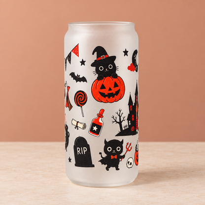 Halloween Cats & Pumpkins Frosted Glass Tumbler The Bargains Basement